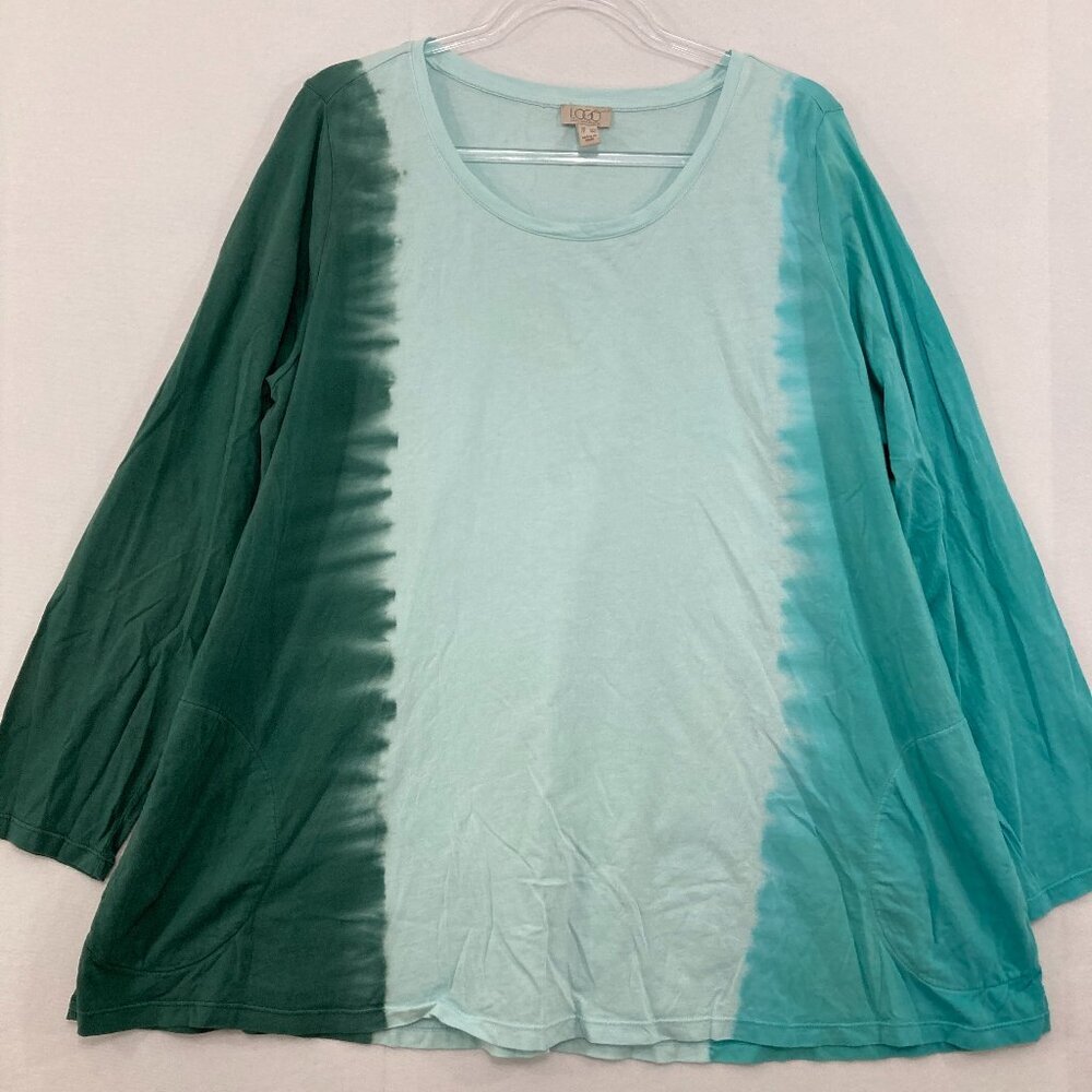 LOGO Lori Goldstein size 1X‎ Blue Ombre Stretch Knit Pocket Relaxed Blouse